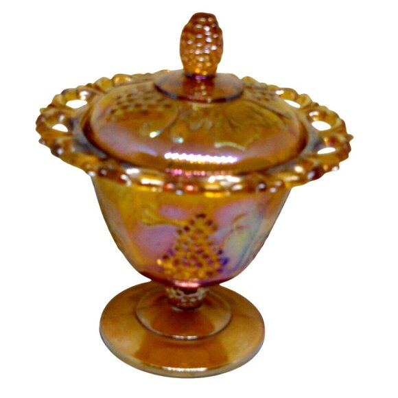 Carnival Glass Amber Marigold Grape Vine Harvest Pedestal Compote Candy Dish Lid - Picture 9 of 9